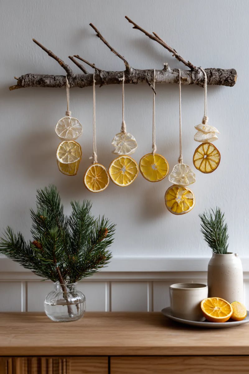 minimalist branch wall hangings adorned with dried citrus slices 1