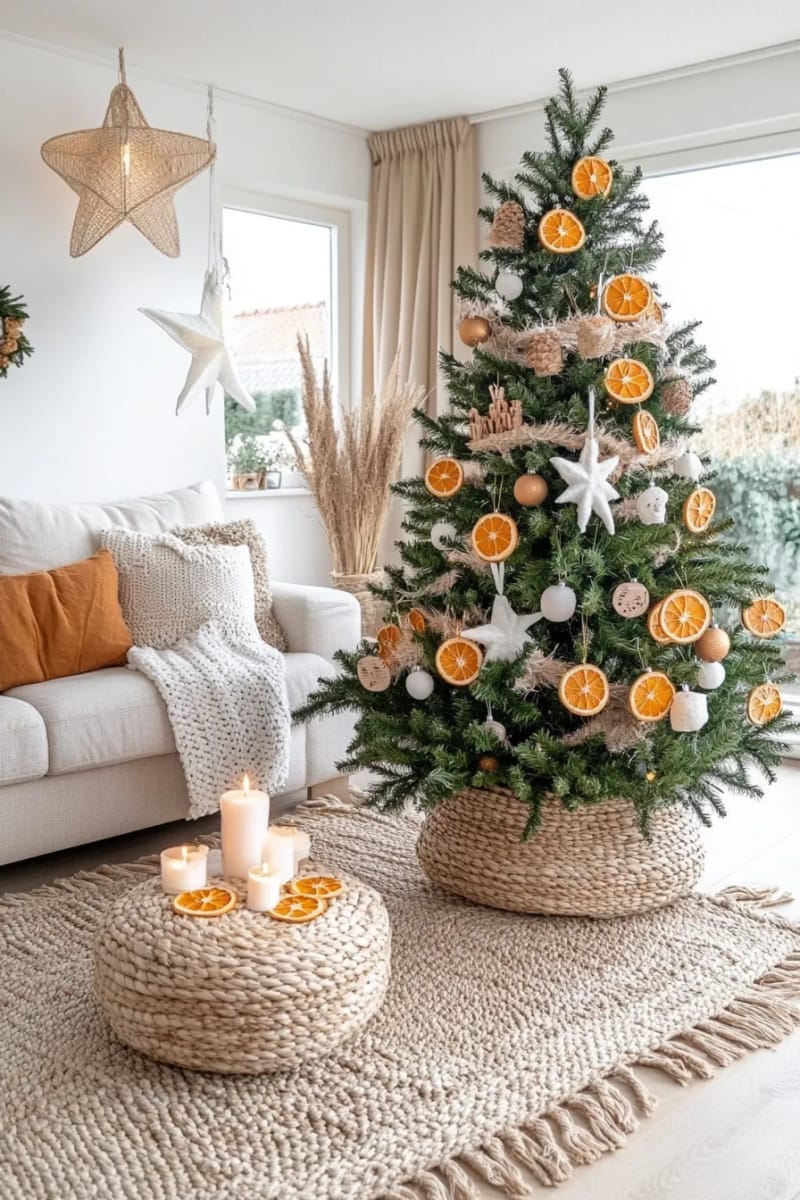 minimalist christmas tree with dried orange garlands and homemade salt dough ornaments 1