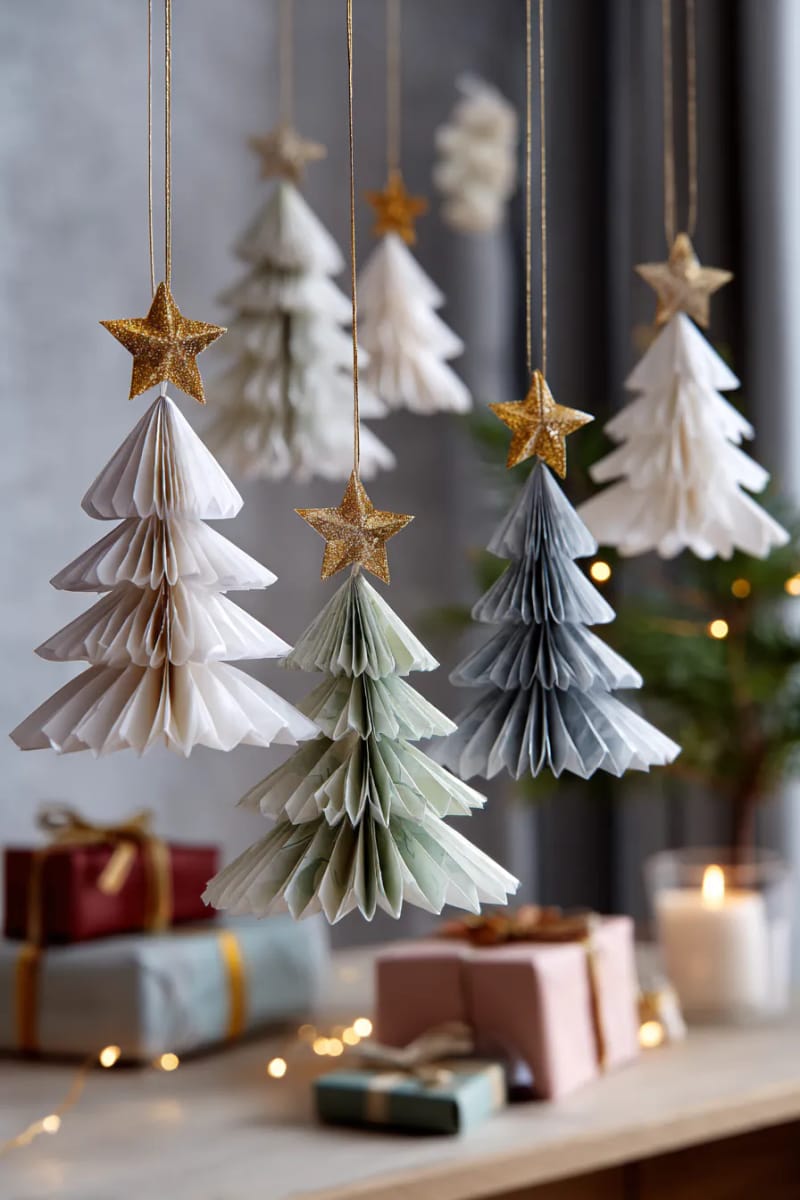 27 Unique & Cheap Paper Christmas Decorations That Wow! 7 minimalist hanging paper trees with tiny star toppers and present shapes 1