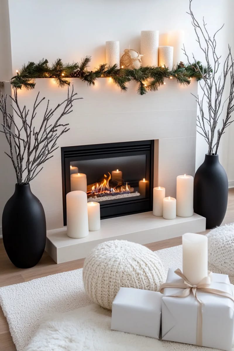 25 Green Christmas Fireplace Decor Ideas for a Fresh and Festive Mantel 24 minimalist pine branches in matte black vases flanking the fireplace 1