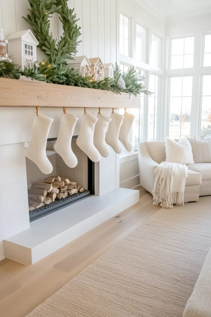 minimalist scandinavian fireplace with neutral stockings and white ceramic houses 1