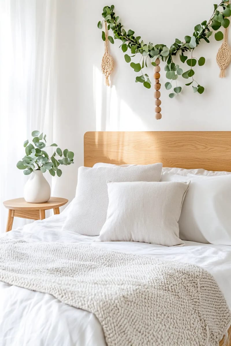 minimalist scandinavian-inspired garland draped above crisp white bed linens 1