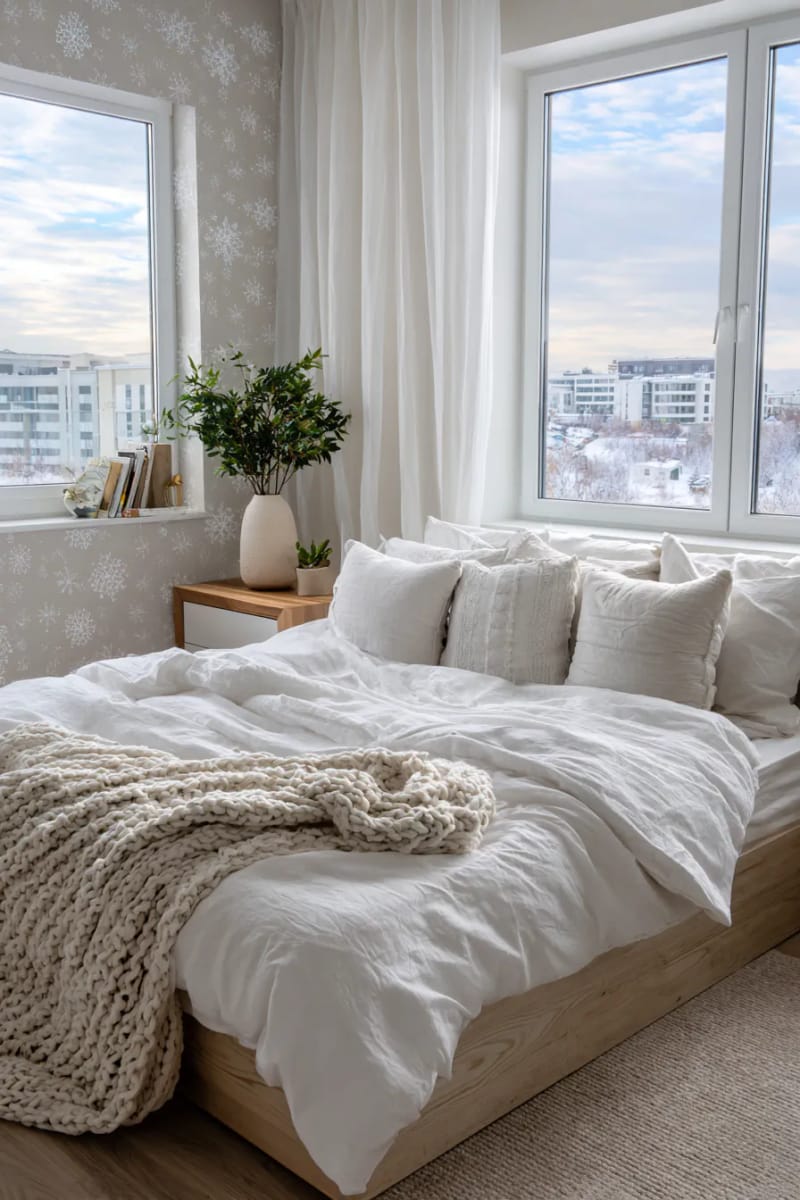 31 Elegant Minimalist Christmas Decor Ideas to Inspire 47 minimalist snowflake wall decals in white on a beige wall 1