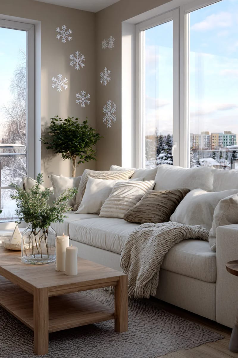 31 Elegant Minimalist Christmas Decor Ideas to Inspire 48 minimalist snowflake wall decals in white on a beige wall 1