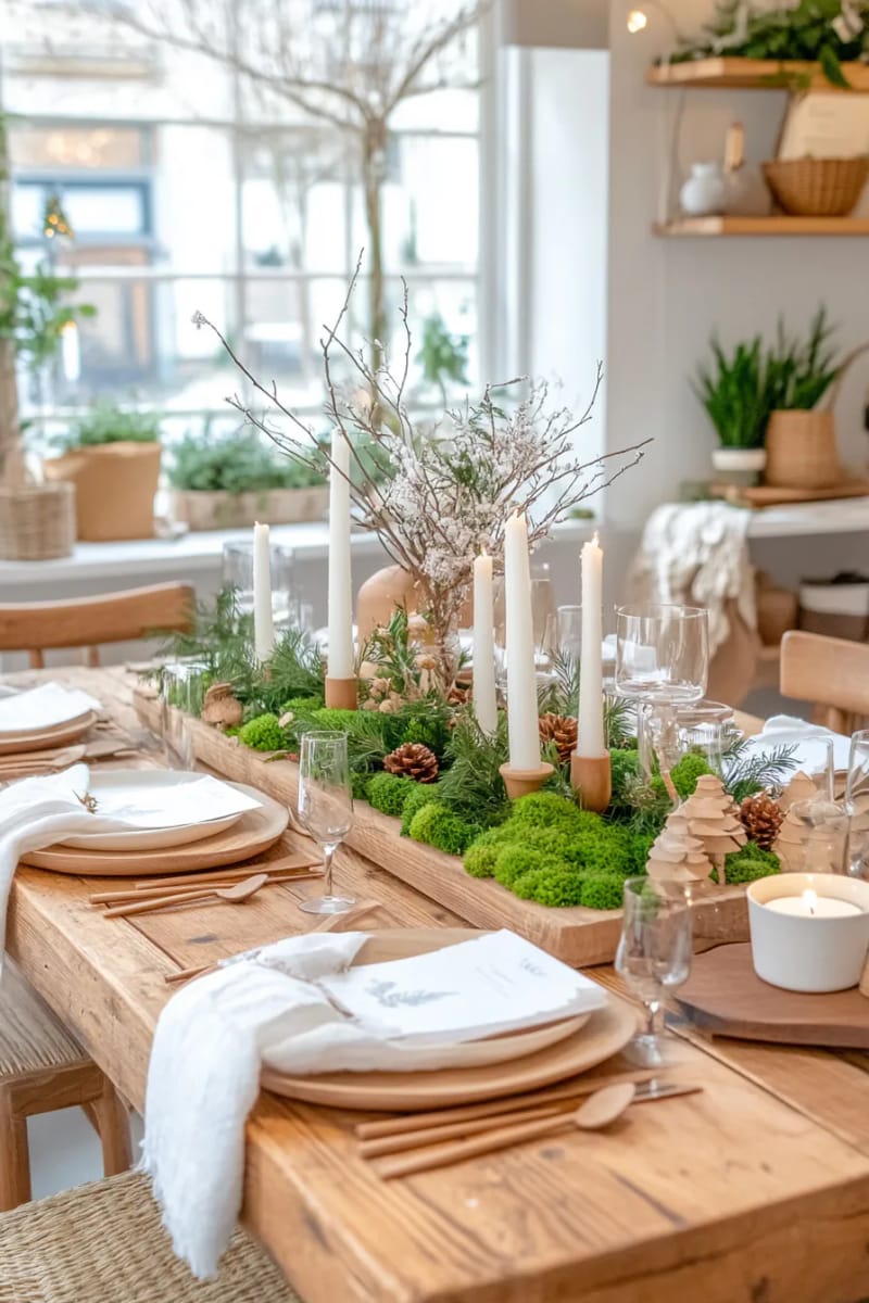 minimalist table centerpiece with moss, twigs, and white candles. 1