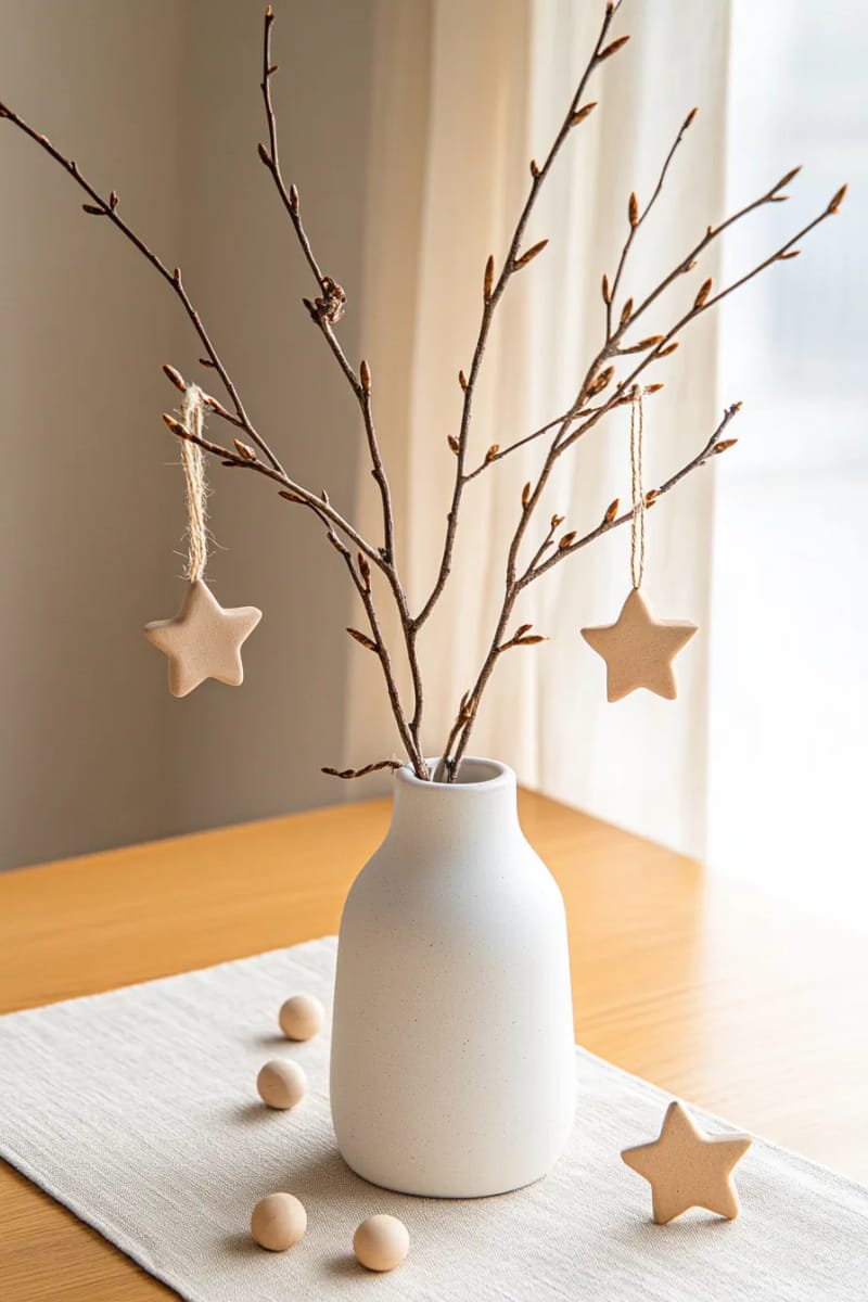 minimalist tree decorated with clay stars and wooden beads 1