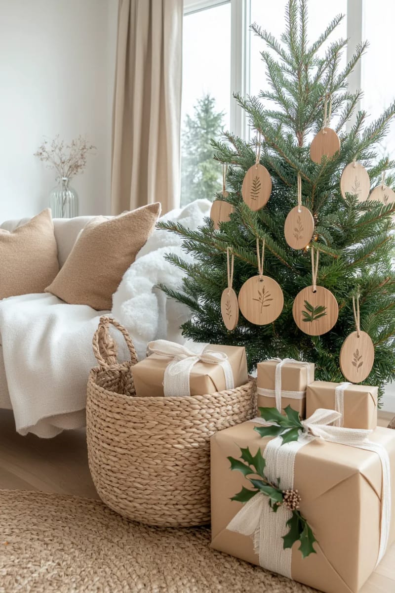 minimalist wooden ornaments with pressed foliage accents 1