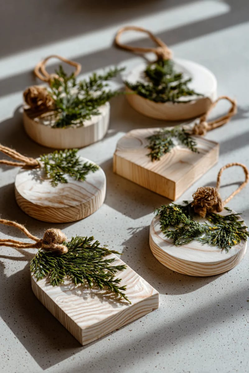 minimalist wooden ornaments with pressed foliage accents 1