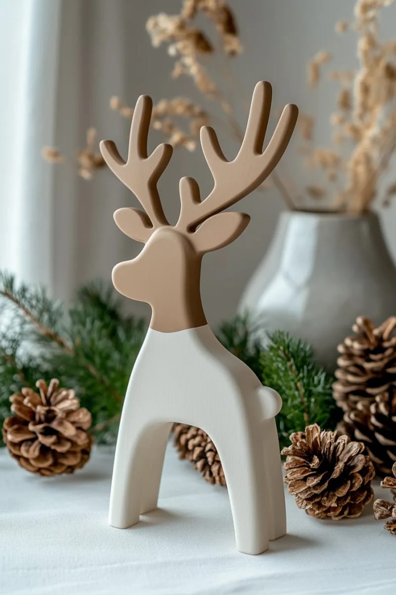 minimalist wooden reindeer standing beside pinecone clusters 1