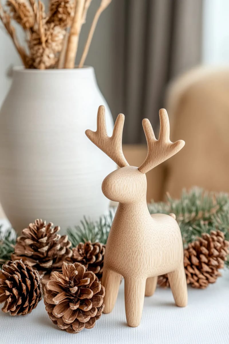 minimalist wooden reindeer standing beside pinecone clusters 1