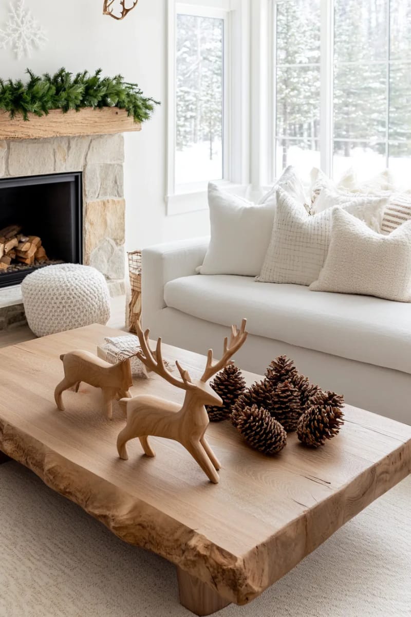 minimalist wooden reindeer standing beside pinecone clusters 1