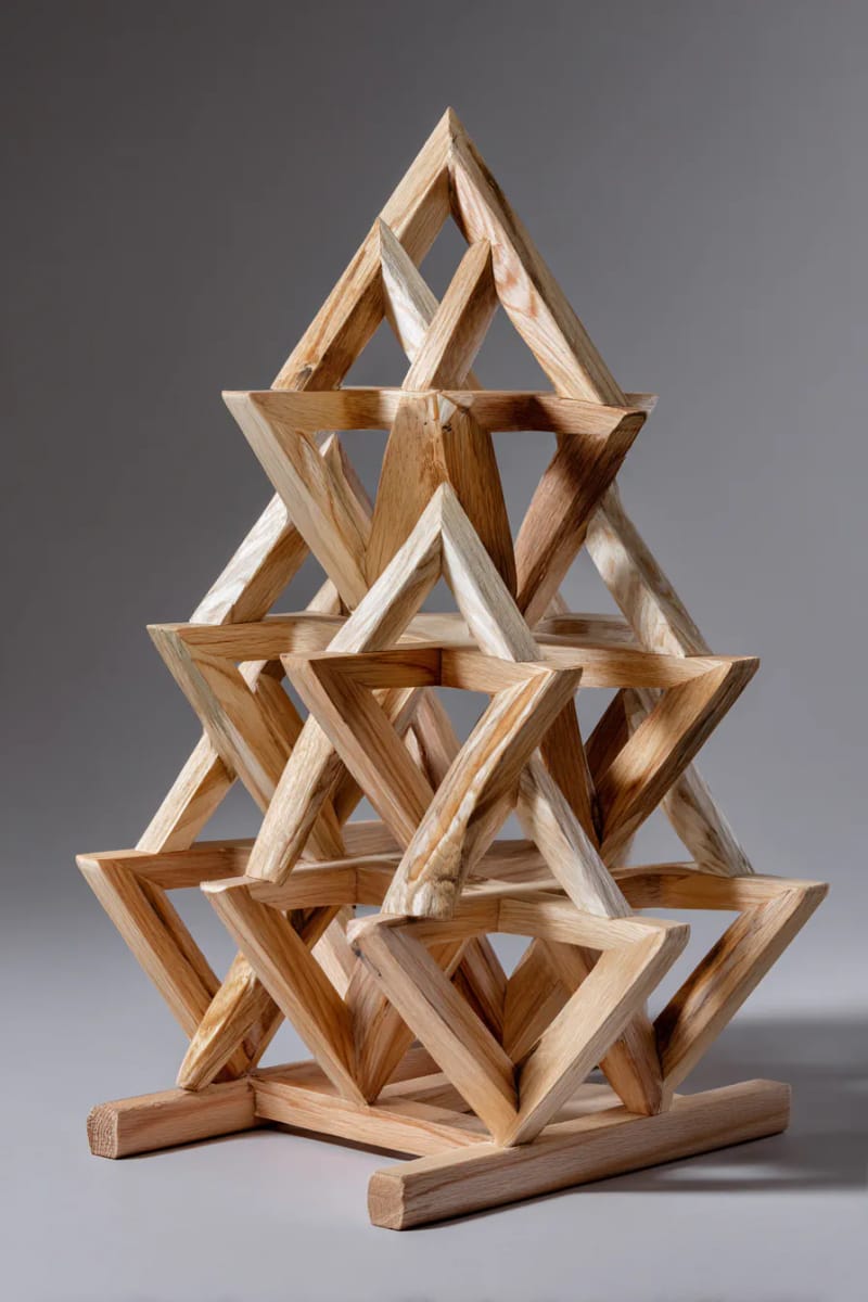 modern geometric tree made from intersecting wooden dowels 1