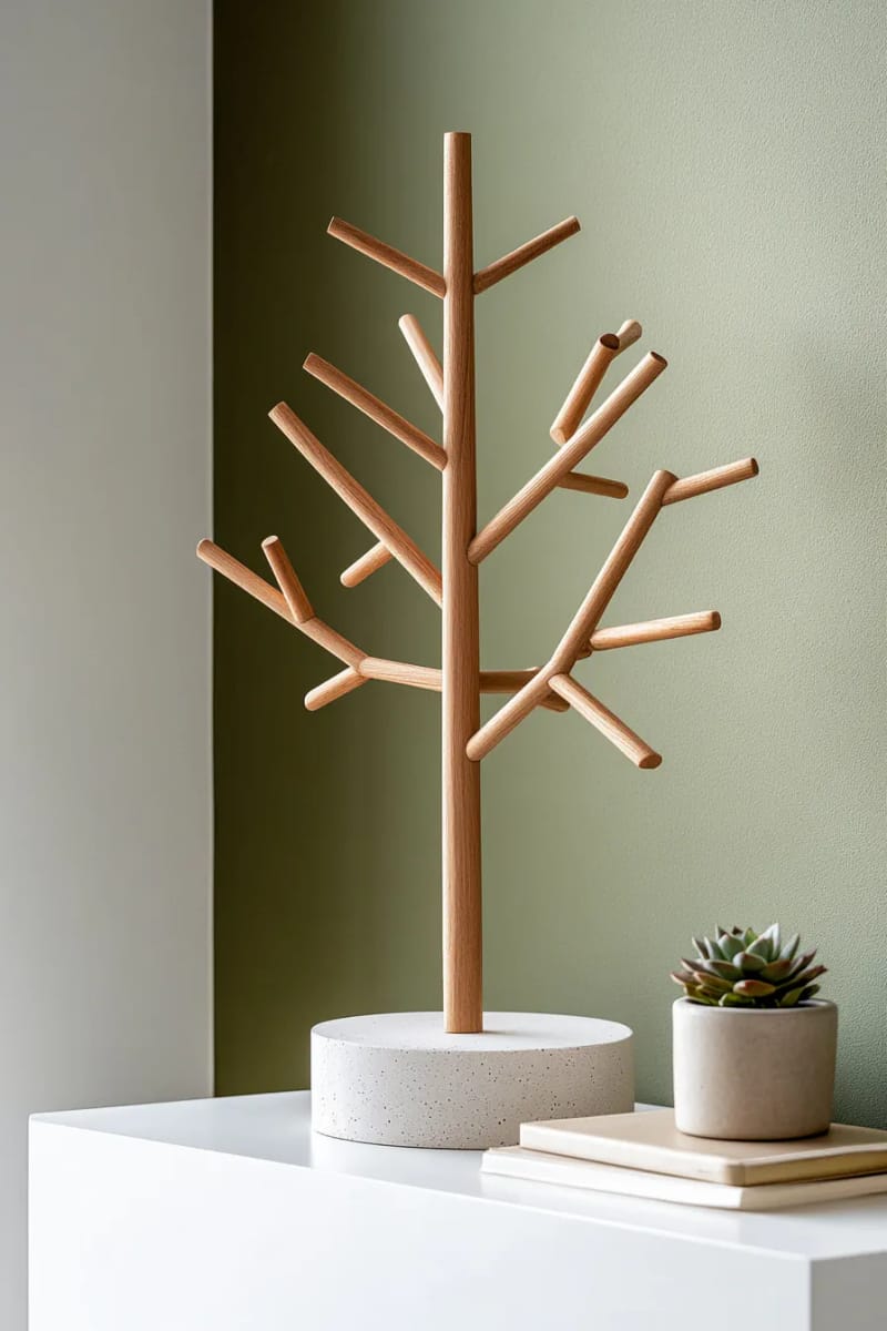 modern geometric tree made from intersecting wooden dowels 1