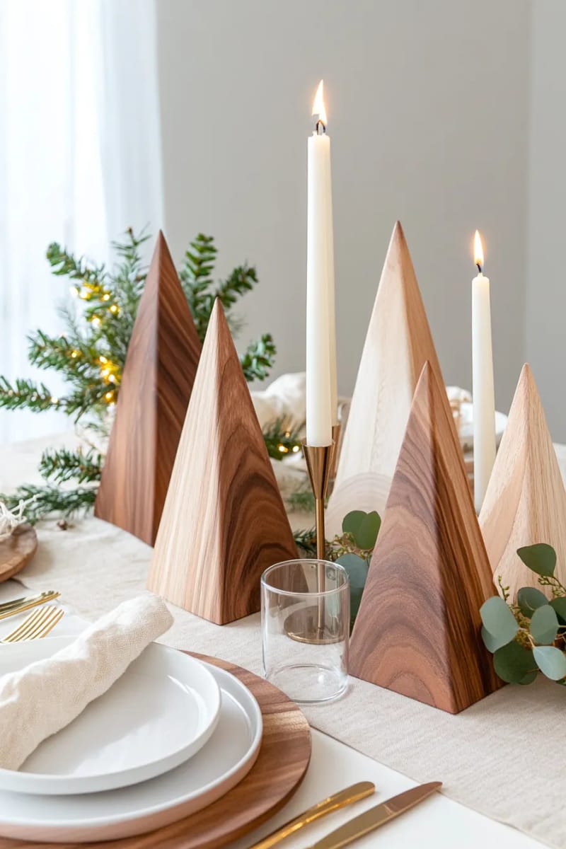 modern geometric wooden christmas trees on the dining table 1