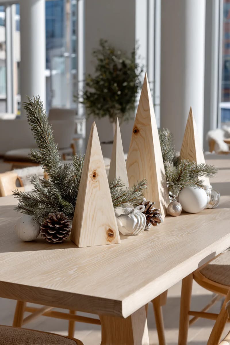 modern geometric wooden christmas trees on the dining table 1