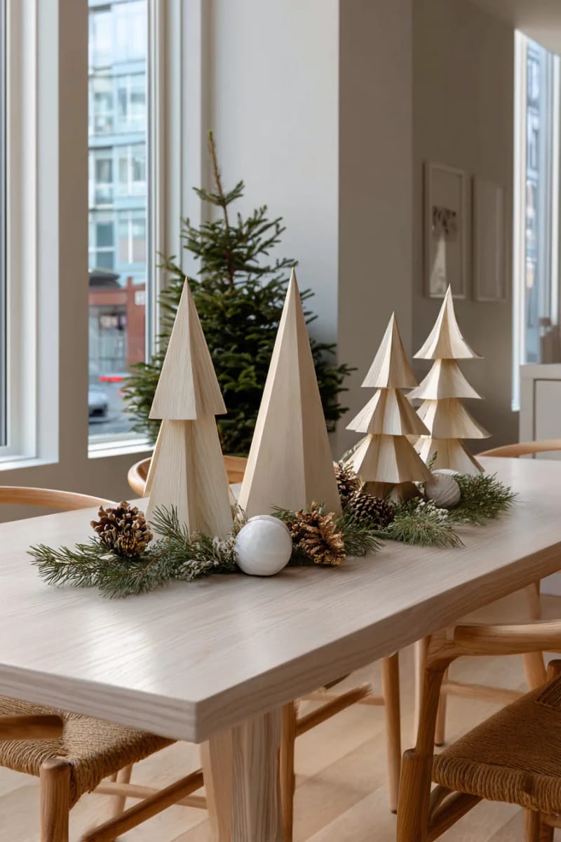 modern geometric wooden christmas trees on the dining table 1