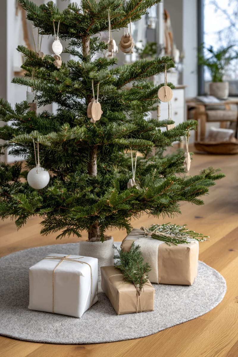 modern scandi christmas tree skirt in soft gray wool 1