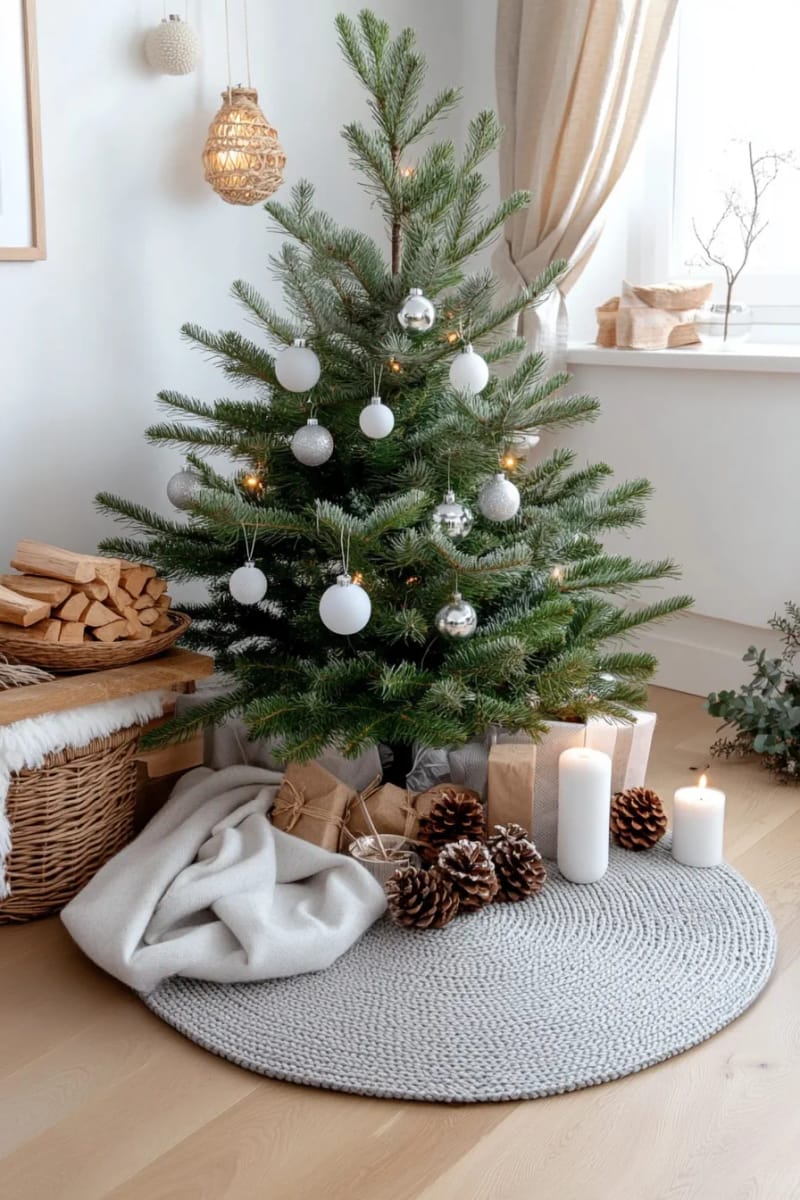 modern scandi christmas tree skirt in soft gray wool 1