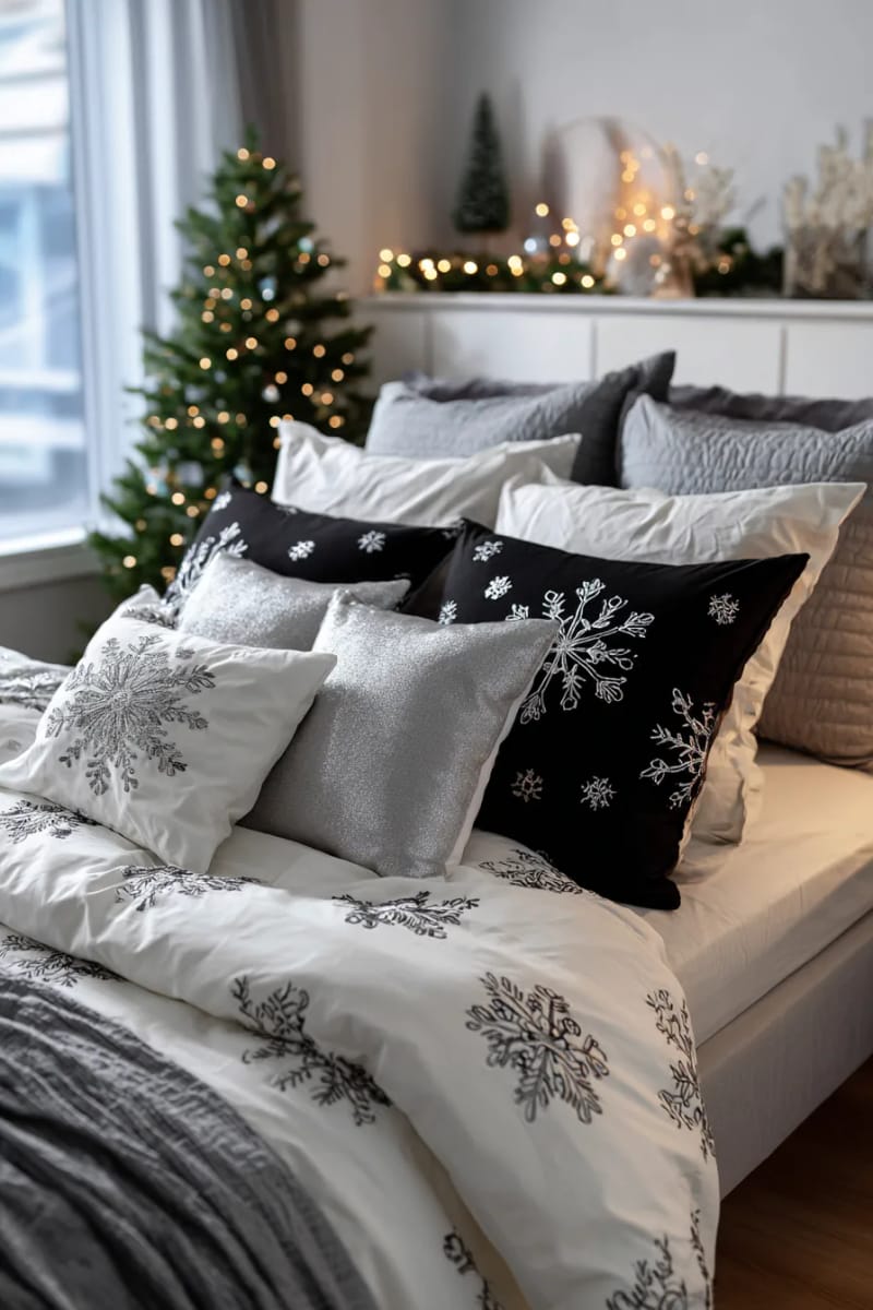 monochrome black and white christmas bedding with silver accent pillows 1