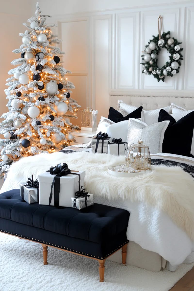 monochrome black and white christmas bedding with silver accent pillows 1