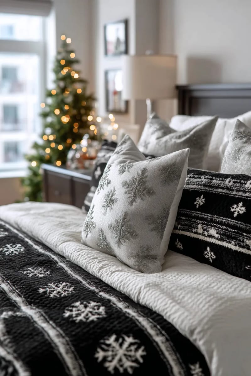 monochrome black and white christmas bedding with silver accent pillows 1