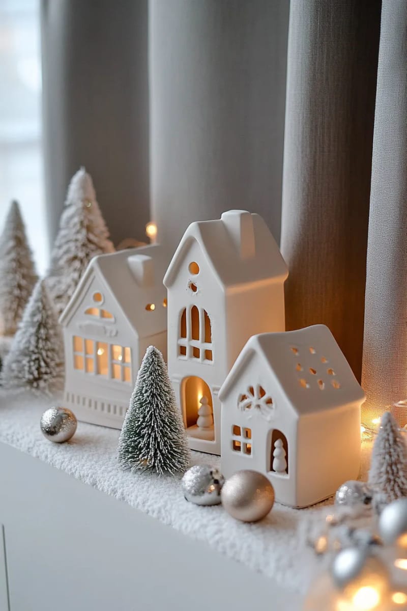23 Elegant Christmas Decor Ideas You’ve Never Seen Before 70 monochrome christmas village with white ceramic houses and twinkle lights 1