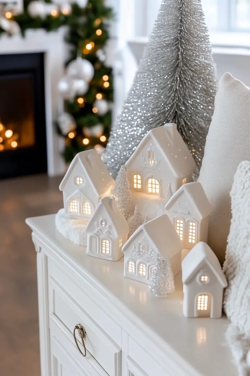 23 Elegant Christmas Decor Ideas You’ve Never Seen Before 71 monochrome christmas village with white ceramic houses and twinkle lights 1