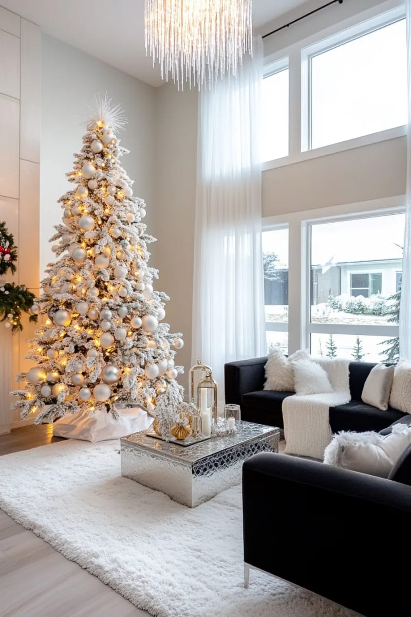 25 Tasteful Christmas Decor Ideas for a Cozy Holiday Home 3 monochrome ornaments on a flocked tree with soft white fairy lights 1