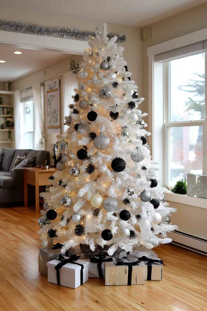 25 Tasteful Christmas Decor Ideas for a Cozy Holiday Home 4 monochrome ornaments on a flocked tree with soft white fairy lights 1