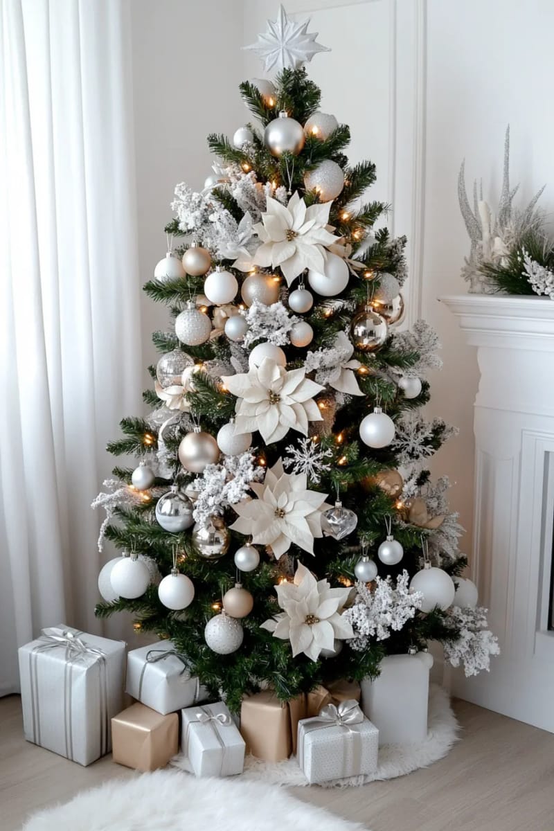 25 Tasteful Christmas Decor Ideas for a Cozy Holiday Home 7 monochrome ornaments on a flocked tree with soft white fairy lights 1