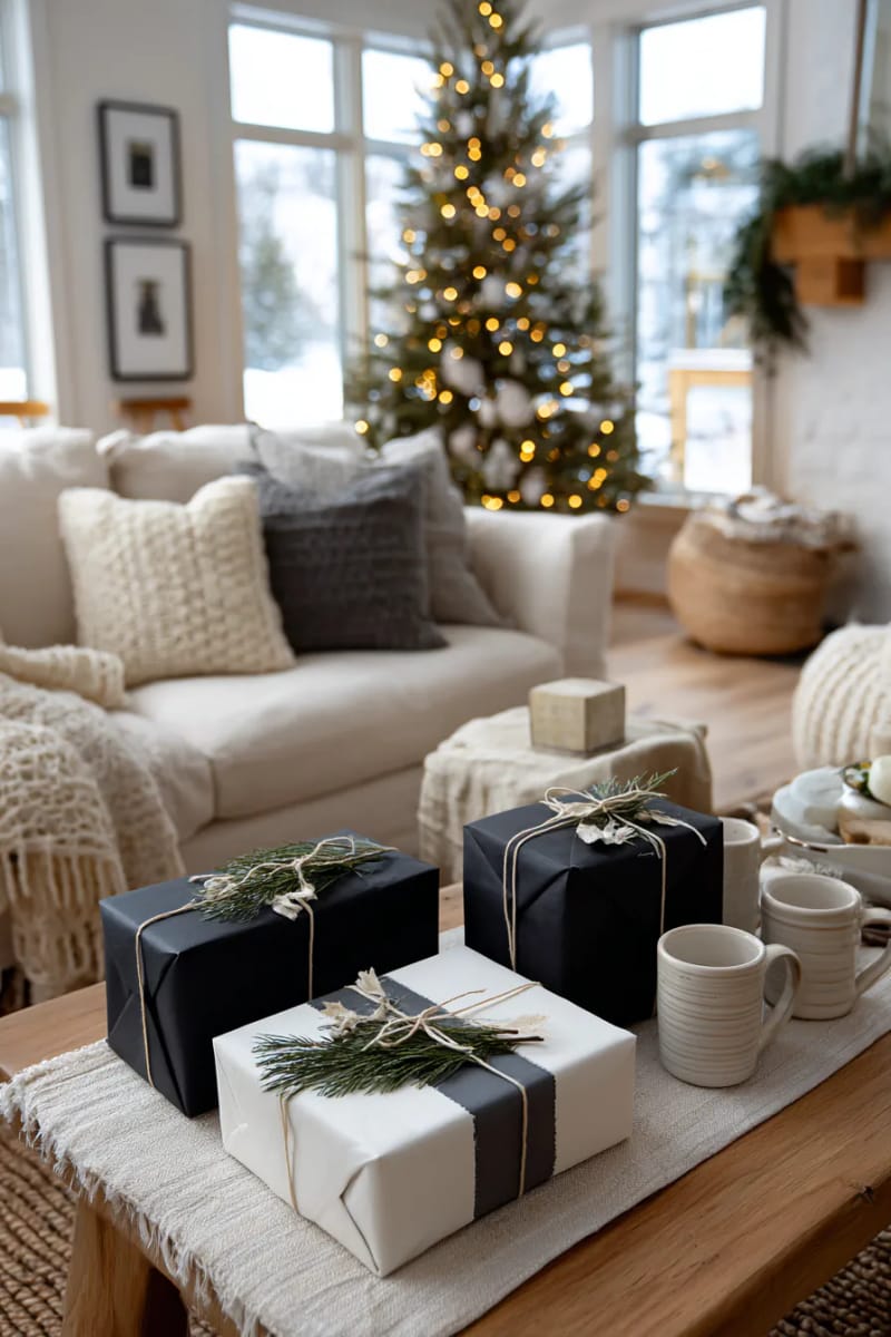 31 Elegant Minimalist Christmas Decor Ideas to Inspire 17 monochrome wrapped gifts with twine and natural sprigs of cedar 1