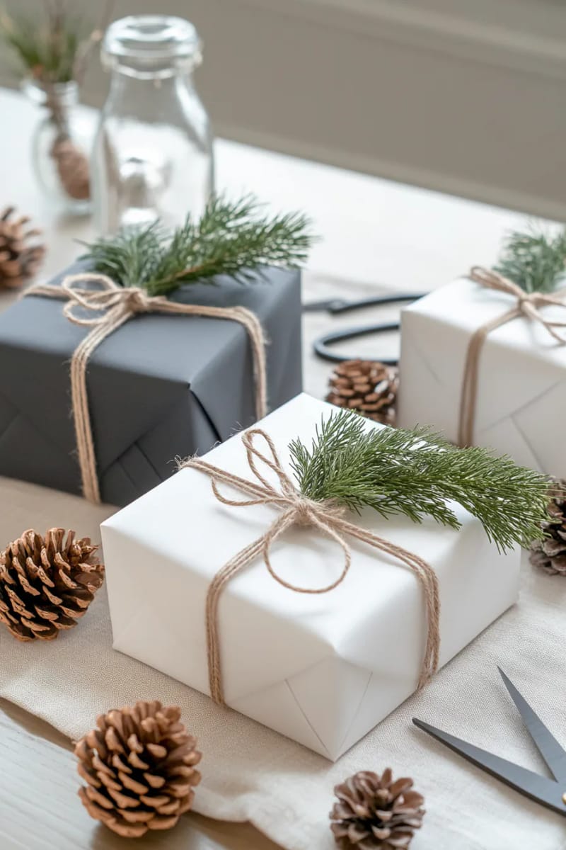 31 Elegant Minimalist Christmas Decor Ideas to Inspire 18 monochrome wrapped gifts with twine and natural sprigs of cedar 1