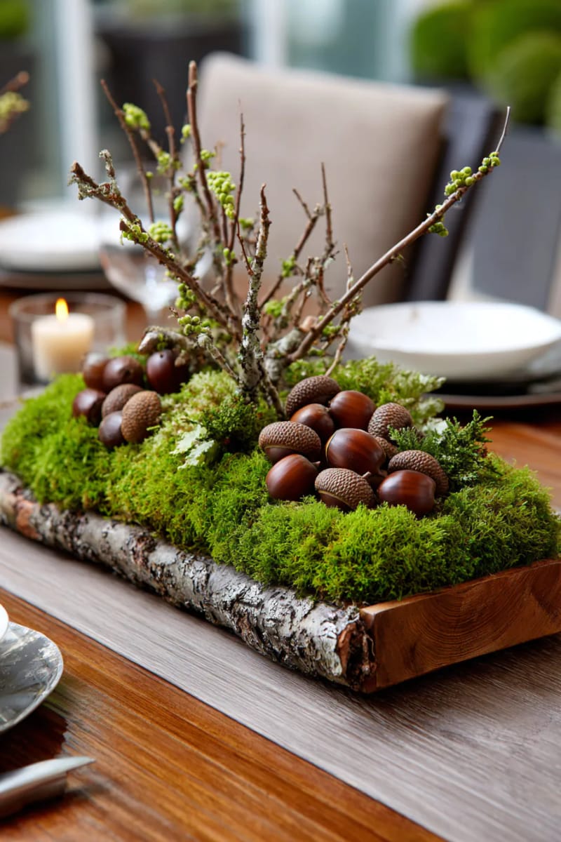 moss-covered tabletop centerpiece with woodsy branches and acorns 1