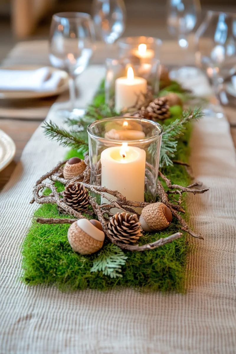 moss-covered tabletop centerpiece with woodsy branches and acorns 1