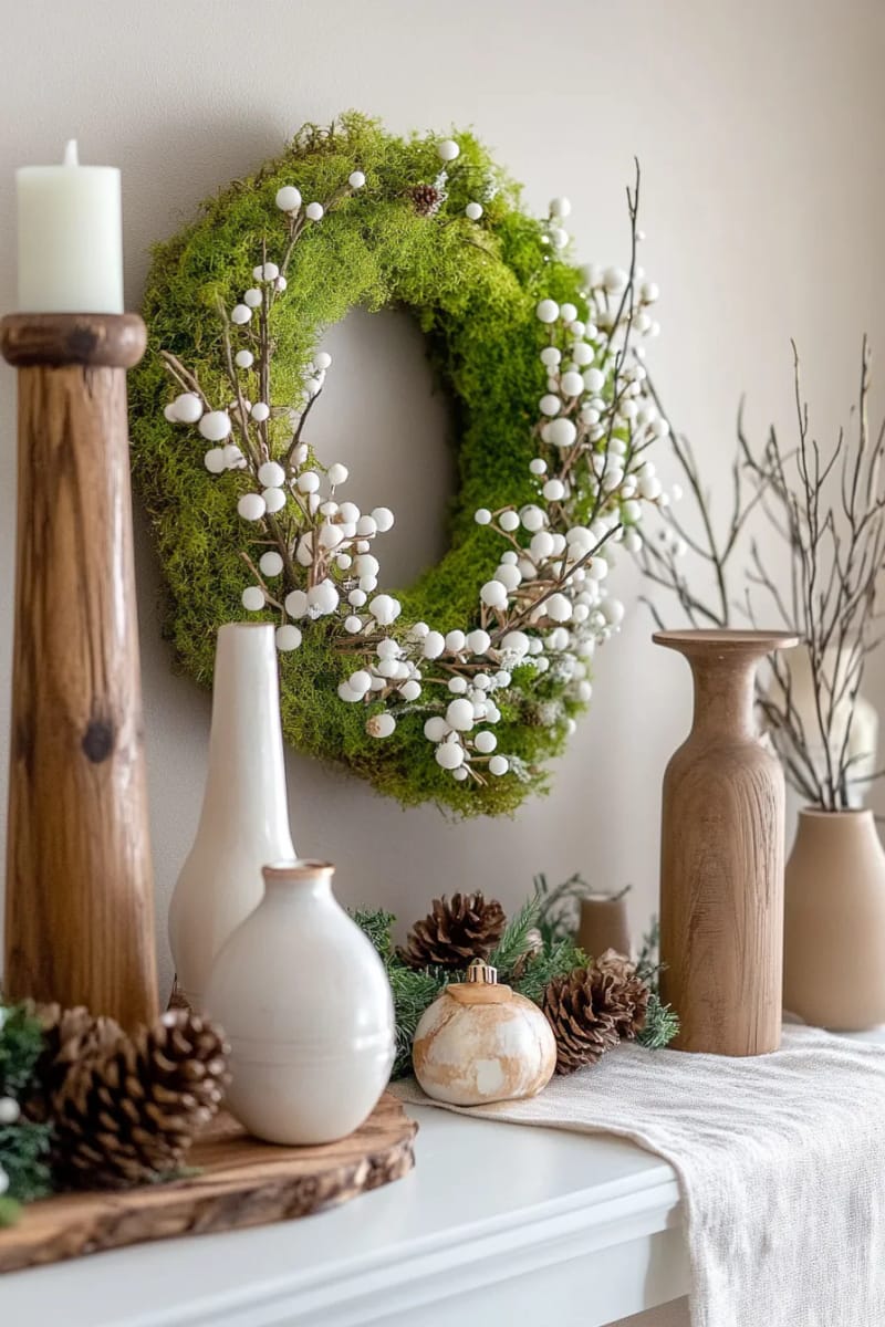 25 Green Christmas Fireplace Decor Ideas for a Fresh and Festive Mantel 10 mossy wreath with white berries and tiny fairy lights above the mantel 1