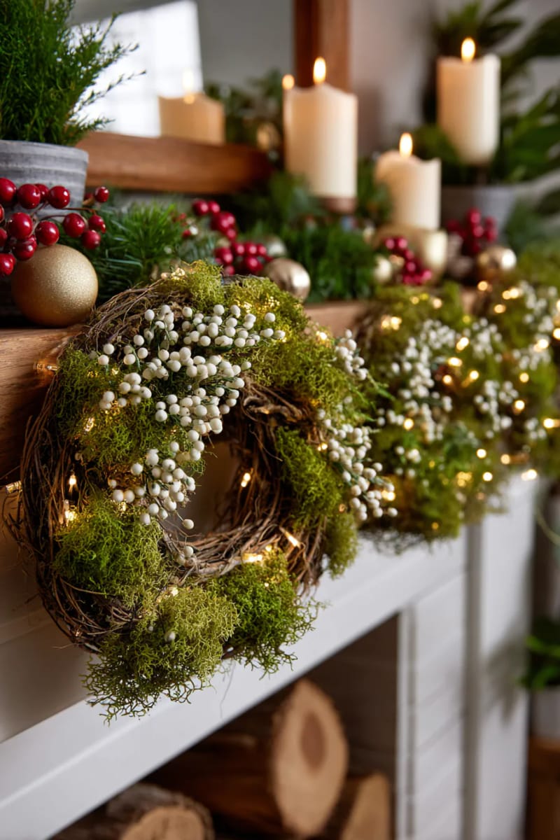 25 Green Christmas Fireplace Decor Ideas for a Fresh and Festive Mantel 11 mossy wreath with white berries and tiny fairy lights above the mantel 1