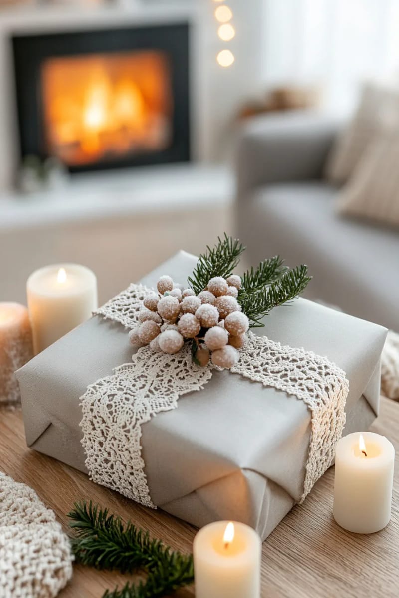 muted gray furoshiki with lace ribbon and frosted faux berries. 1