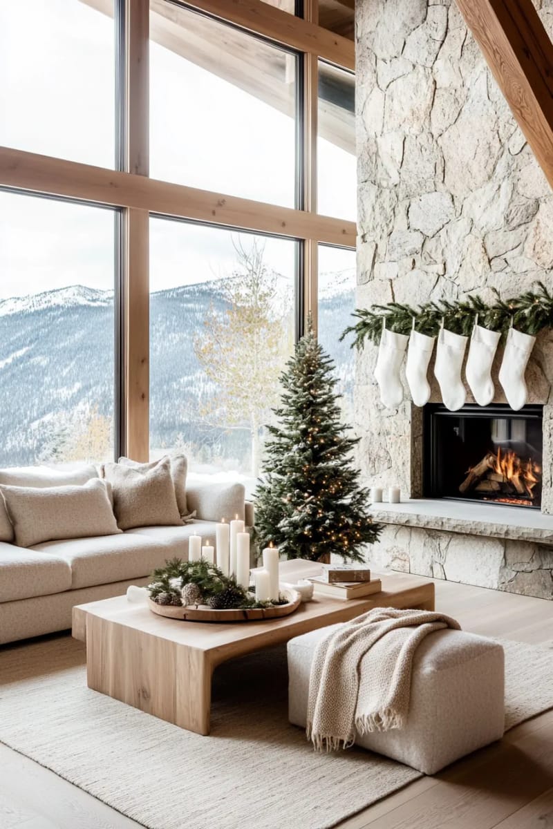 31 Elegant Minimalist Christmas Decor Ideas to Inspire 60 natural linen stockings hung from a sleek wooden dowel 1