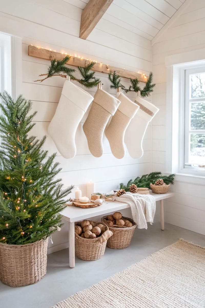 31 Elegant Minimalist Christmas Decor Ideas to Inspire 61 natural linen stockings hung from a sleek wooden dowel 1