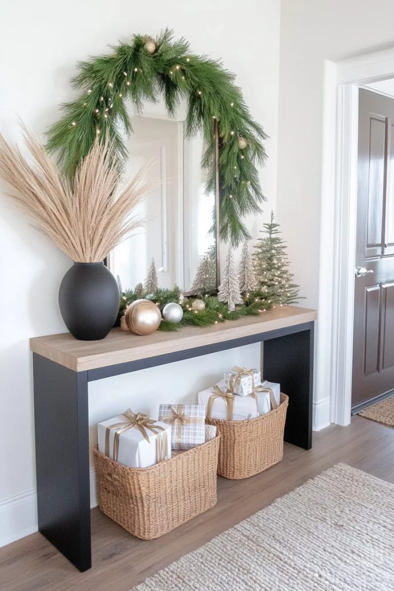 25 Tasteful Christmas Decor Ideas for a Cozy Holiday Home 42 natural pine branch in a matte black vase on the entryway table 1