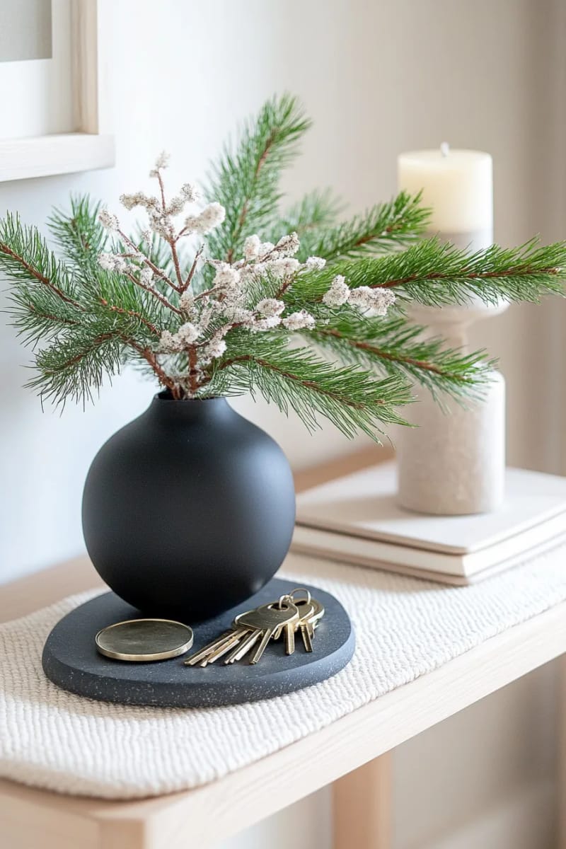 25 Tasteful Christmas Decor Ideas for a Cozy Holiday Home 46 natural pine branch in a matte black vase on the entryway table 1