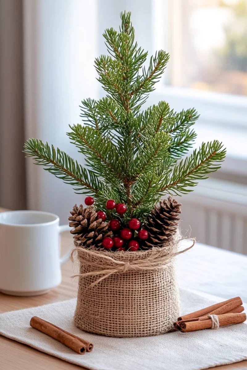 natural pine branch tree in a burlap-wrapped pot 1
