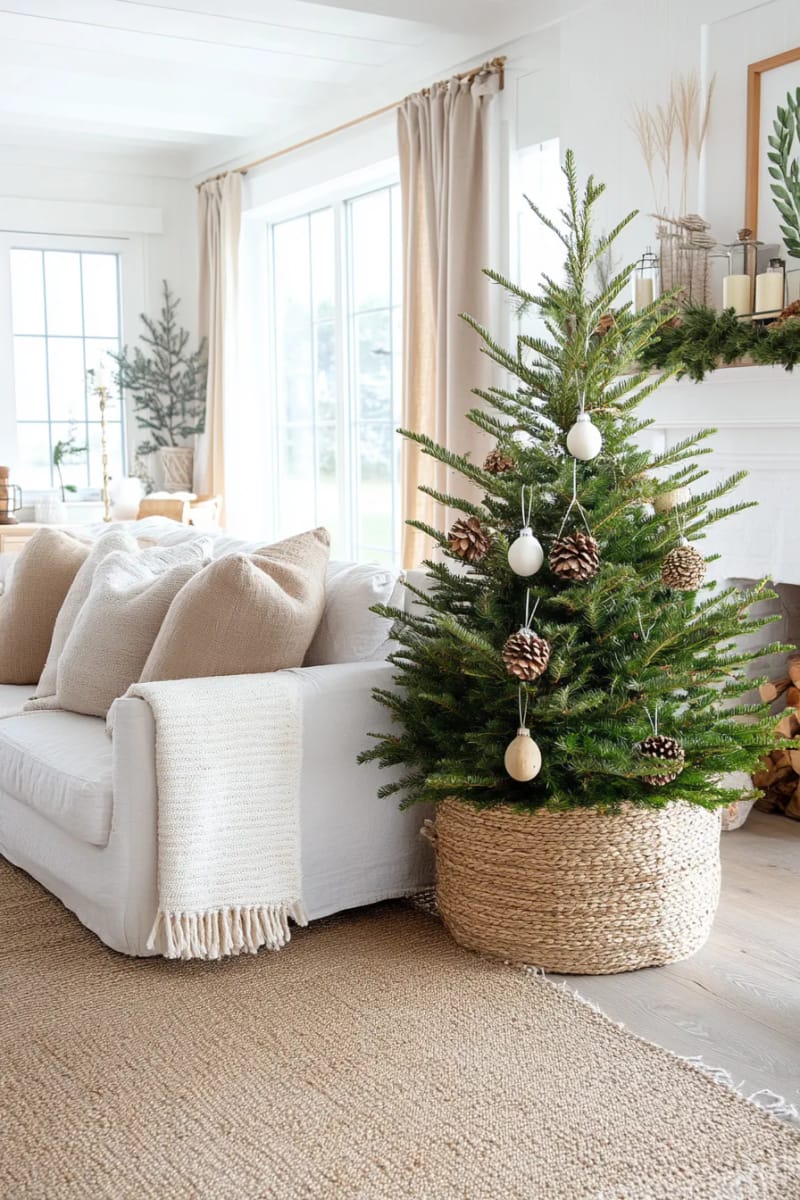 natural pine branch tree in a burlap-wrapped pot 1