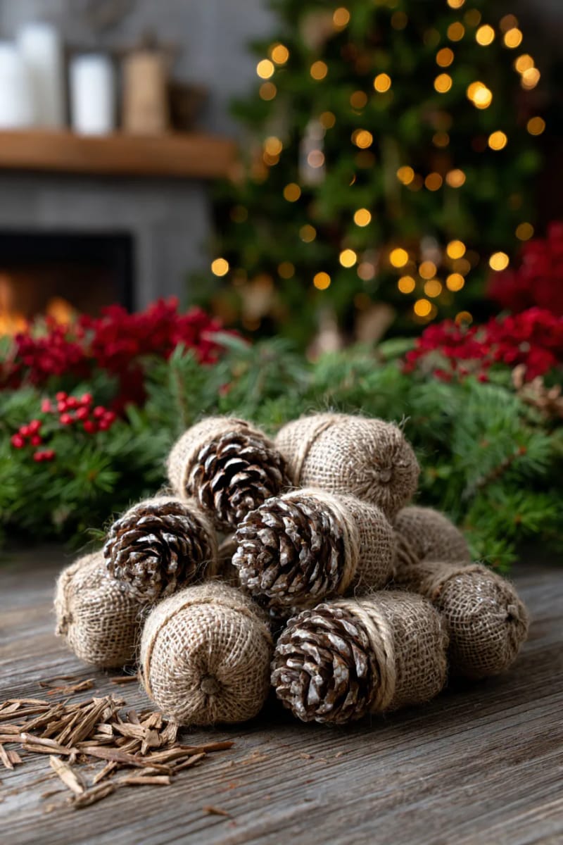 natural pinecone fire starters wrapped in burlap and twine 1