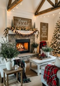 natural pinecone garland and rustic wooden signs with holiday sayings 44