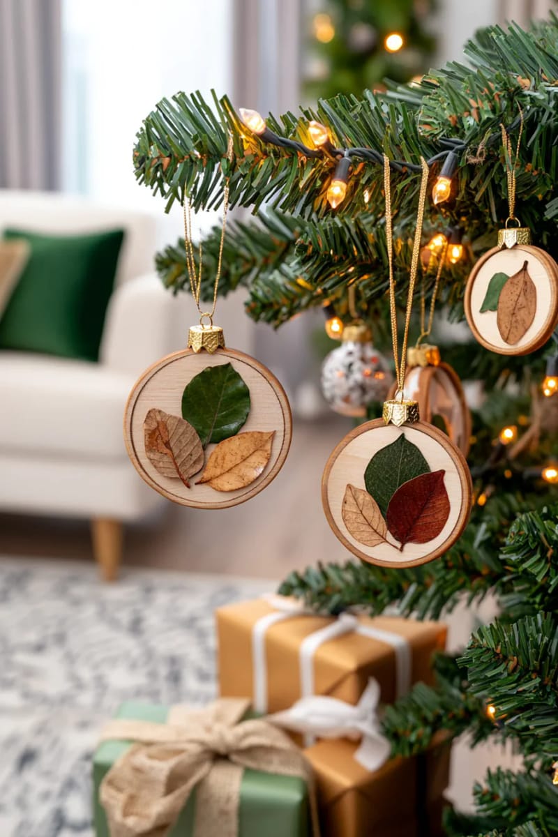 29 Eco-Friendly Christmas Gift Ideas DIY for a Thoughtful Holiday 18 natural wood ornaments hand-carved and decorated with pressed leaves 1