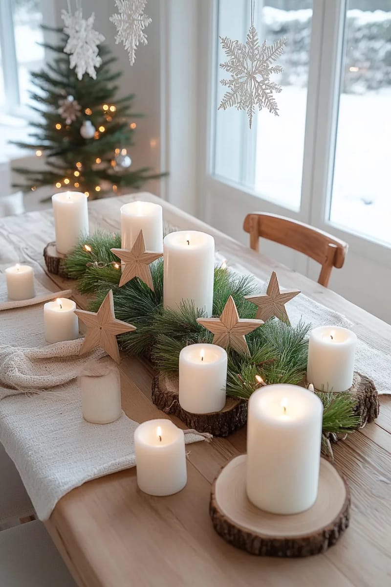 nature-inspired centerpiece with pine needles, candles, and wooden stars 1