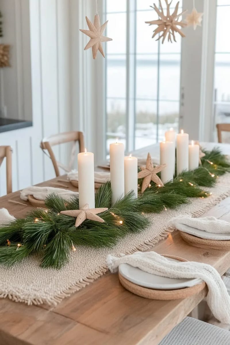 nature-inspired centerpiece with pine needles, candles, and wooden stars 1