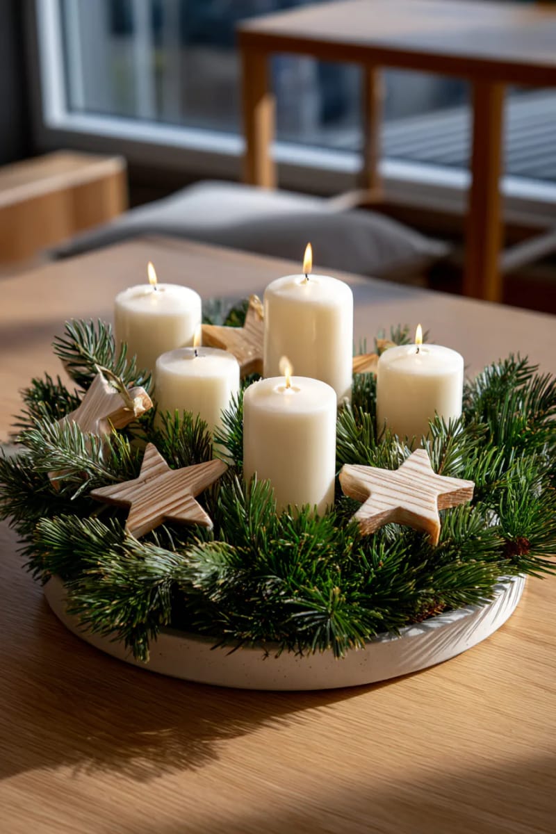 nature-inspired centerpiece with pine needles, candles, and wooden stars 1