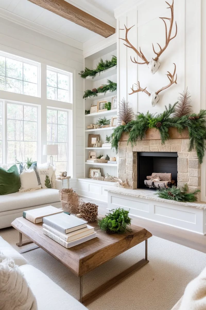 nature-inspired shelf vignettes with antlers, pine garlands, and driftwood 1